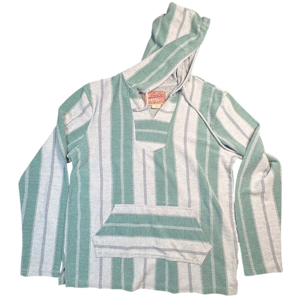 Brooklyn Cloth Mens L Baja Hoodie Sage Green Grey Striped Pullover Surf Beach